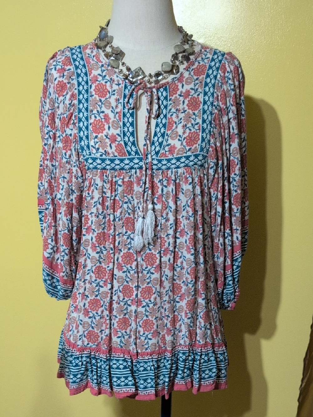 Rachel Zoe Coral & Teal Floral Peasant Tunic